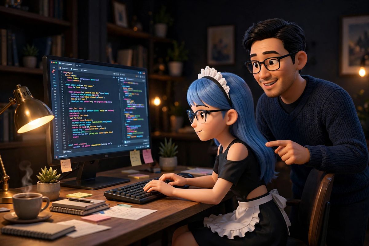 Jinny cặm cụi code, Chủ nhân đứng bên chỉ bảo